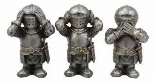 Ebros Set Of 3 Medieval See Hear Speak No Evil Royal Knights Figurine 4 " Tall