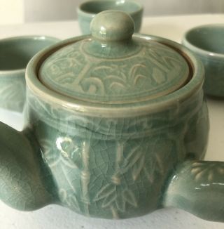Vintage Chinese Celadon Tea Pot Signed Three Tea Cups