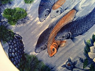 Large 12” Vintage Japanese Porcelain Plate Blue & Orange Koi Fish Lotus Flowers 2
