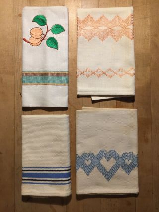4 Vintage Linen Cotton Kitchen Dish Towels Peach Blue Stripes Designs