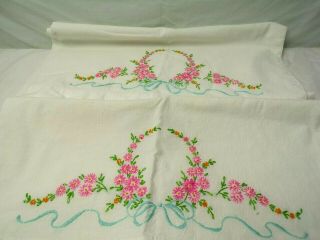 Pair Embroidered Pink Floral Design Vintage White Pillow Cases 34 " X 16 "
