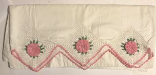 Vintage Pillow Cases (2) With Crocheted Edge In Pink Flower.