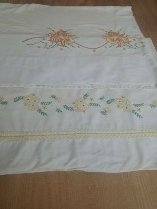 2 Vintage Standard Size Pillowcases Hand Embroidered Cute