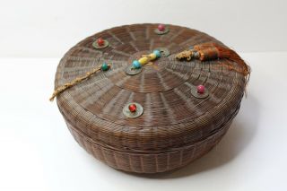 Vintage Large Chinese Sewing Basket With Peking Glass & Coin Lid Trim - 12 " X 5 "
