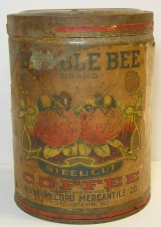 Old Vintage 1920s Bumble Bee Coffee Tin Graphic Tall 1 Pound St.  Joseph Missouri