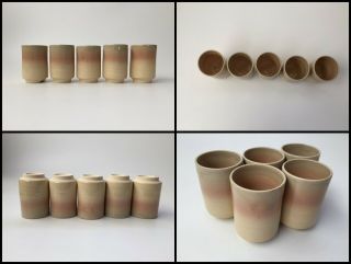 Japanese Pottery Tea Cup Set Yunomi Vintage 5pc Signed Hagi Ware Sencha D105