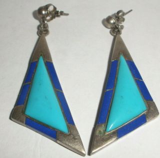 Vintage Navajo Or Zuni Sterling Silver Turquoise Lapis Earrings Modernist