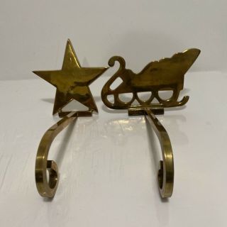 Brass Sleigh & Star Christmas Stocking Hanger Holders Set Of 2,  Vintage