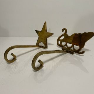 Brass Sleigh & Star Christmas Stocking Hanger Holders Set of 2,  Vintage 2