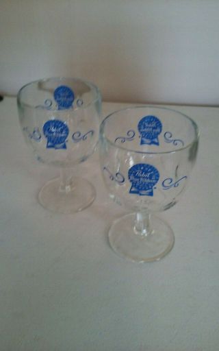 Vintage Pabst Blue Ribbon Beer Glasses Thumbprint Stemmed Goblet Set Of 2