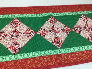 Patchwork Country Quilt Table Runner,  Nine Patch,  Christmas,  Red,  Green,  White 3