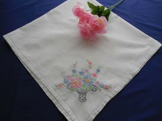 Vintage White Cotton Tablecloth W/ Embroidered Flower Baskets