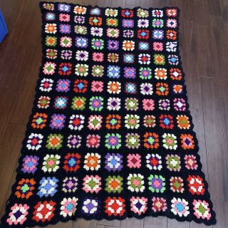 Vtg Granny Square Black Afghan Crochet Throw Blanket Roseanne 68 X 44 Handmade