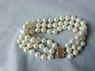 Vintage Pearl Bracelet 14k Yellow Gold 3 Strand White 6mm Pearls 7 Inches