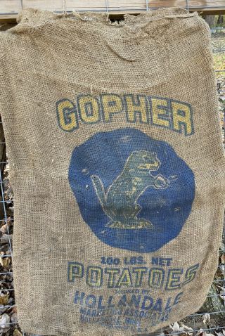 Vintage Gopher Burlap Potato Sack,  100 Lb,  Hollondale Mn