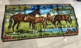 Vintage Velvet Horse Tapestry Rug Wall Hanging Mares & Foals Italy 38 " X 19 "