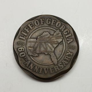 Vintage 1951 Life Of Georgia Insurance Bronze Medallion Paperweight 3 "