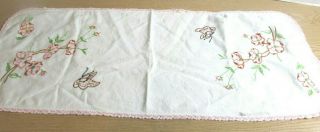 Vintage Hand Embroidered Dresser Scarf Table Runner Dogwood Butterfly Crochet