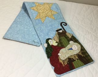 Patchwork & Appliqué Quilt Table Runner,  Christmas Mary,  Joseph,  Baby Jesus Star