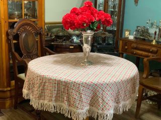 Vintage Christmas Tablecloth Round Red Green White Fringed 60” Diameter