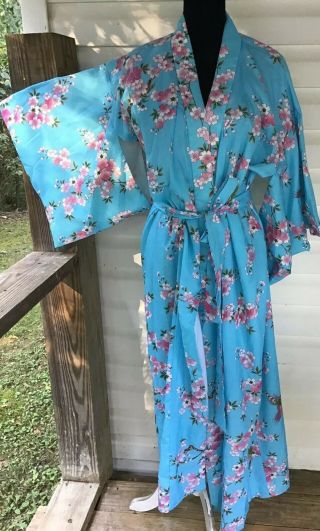 Japanese Kimono Vintage Blue Cherry Blossoms Floral Bird Robe Os No Flaws Euc