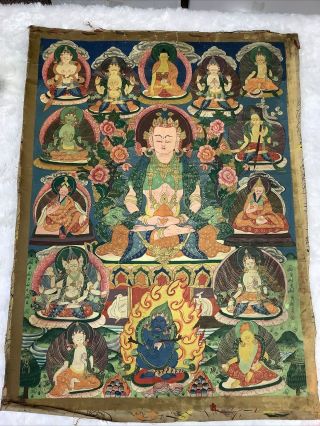 Vtg Thangka Buddha Meditation Nepal Tibet Paubha Buddhist Art 26.  5x19