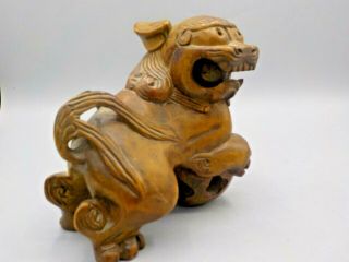 Vintage Hand Carved Wood Foo Dog Floating Ball In Mouth Chinese Folk Art