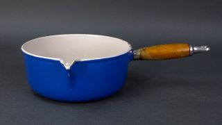 Le Creuset 20 Blue Cast Iron Enamel Saucepan Pour Spout Wood Handle Vintage
