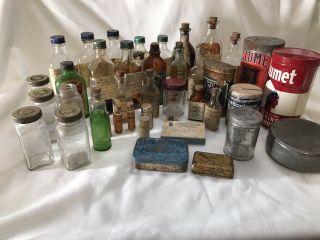41 Vintage Medicine Bottles,  Small Tin Containers Some Old Medicine In Bottles