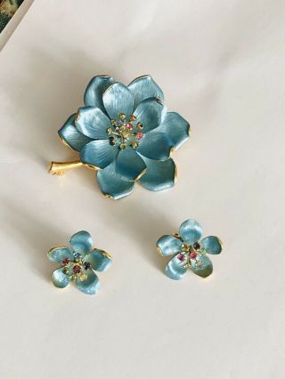 Rare Vtg Gold Tone Rhinestones Blue Enamel Flowers Brooch Pin & Earrings Set