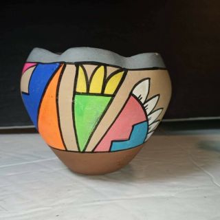 Vintage Jemez Bright Multi Color Painted Pottery Vase.  1970 