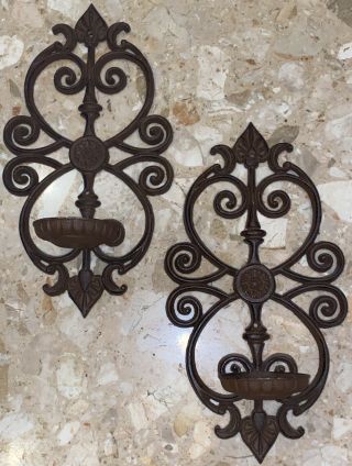 2 Vintage Brown Iron Wall Sconces Pillar Candle Holders Floral Scroll 15x8”