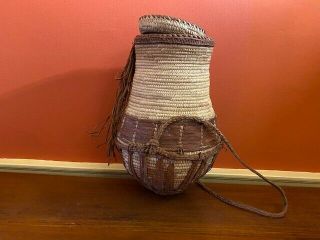 Large Hand Woven Basket From Northern Sudan,  Trimmed In Camel Leather