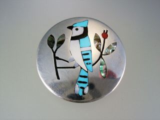 Vintage S C Edaakie Zuni Sterling Silver & Mosaic Inlay Blue Jay Pin Pendant