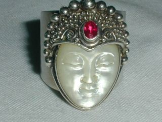 Vintage Sajen Sterling Silver Carved Moon Face Ring W/ Ruby - Size 7