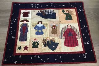 Country Quilt Wall Hanging,  Appliquéd Dolls,  Angels,  Stars,  Hearts,  Navy,  Red