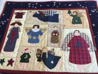 Country Quilt Wall Hanging,  Appliquéd Dolls,  Angels,  Stars,  Hearts,  Navy,  Red 2