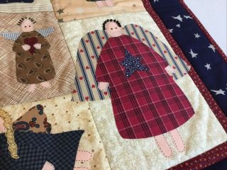 Country Quilt Wall Hanging,  Appliquéd Dolls,  Angels,  Stars,  Hearts,  Navy,  Red 3