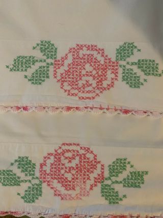 Vintage White Cotton Pillowcase Pair Pink Floral Cross - Stitch & Crochet Edge