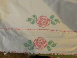 Vintage White Cotton PILLOWCASE PAIR PINK Floral Cross - stitch & Crochet Edge 2
