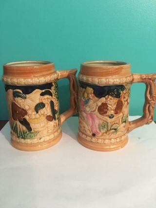 2 Vintage German Style Ceramic Beer Stein Mugs Made In Japan.