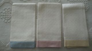 Set Of 3 Vintage Linen Guest Hand Towels Pink,  Blue,  Yellow Border,  Textured