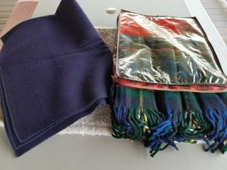 2 Vintage Wool Blankets Navy Blue 40x 60 Blue Plaid W/fringes & Carry Bag 52 X57