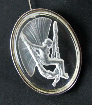 Vintage Frosted Glass Acrylic Art Deco Nude Fairy Lady On Swing Cameo Pin Brooch