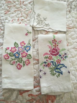 Two Vintage Hand Embroidered Linen Tea Towels,  One Cutwork Linen Napkin