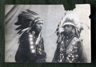 2 Native American Boys In Traditional Dress & Headdress Indian C.  1920