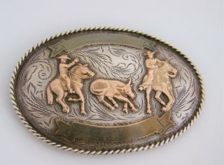 Vintage Silver And Brass Western Rodeo Belt Buckle Calf Roping Stamped 925