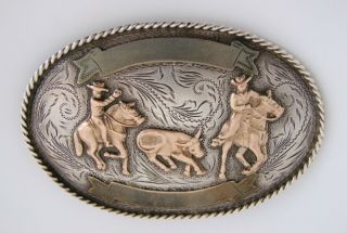 Vintage Silver and Brass Western Rodeo Belt Buckle Calf Roping Stamped 925 2