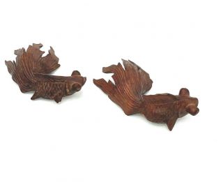 Rose Wood Asian Carved Koi Fish Fan Tail Goldfish Hand Carved Set Of 3 Vintage 3