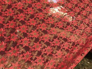 Vtg Lace Tablecloth Christmas Red Green Poinsettia Floral Acrylic 62 " X 88 " Euc